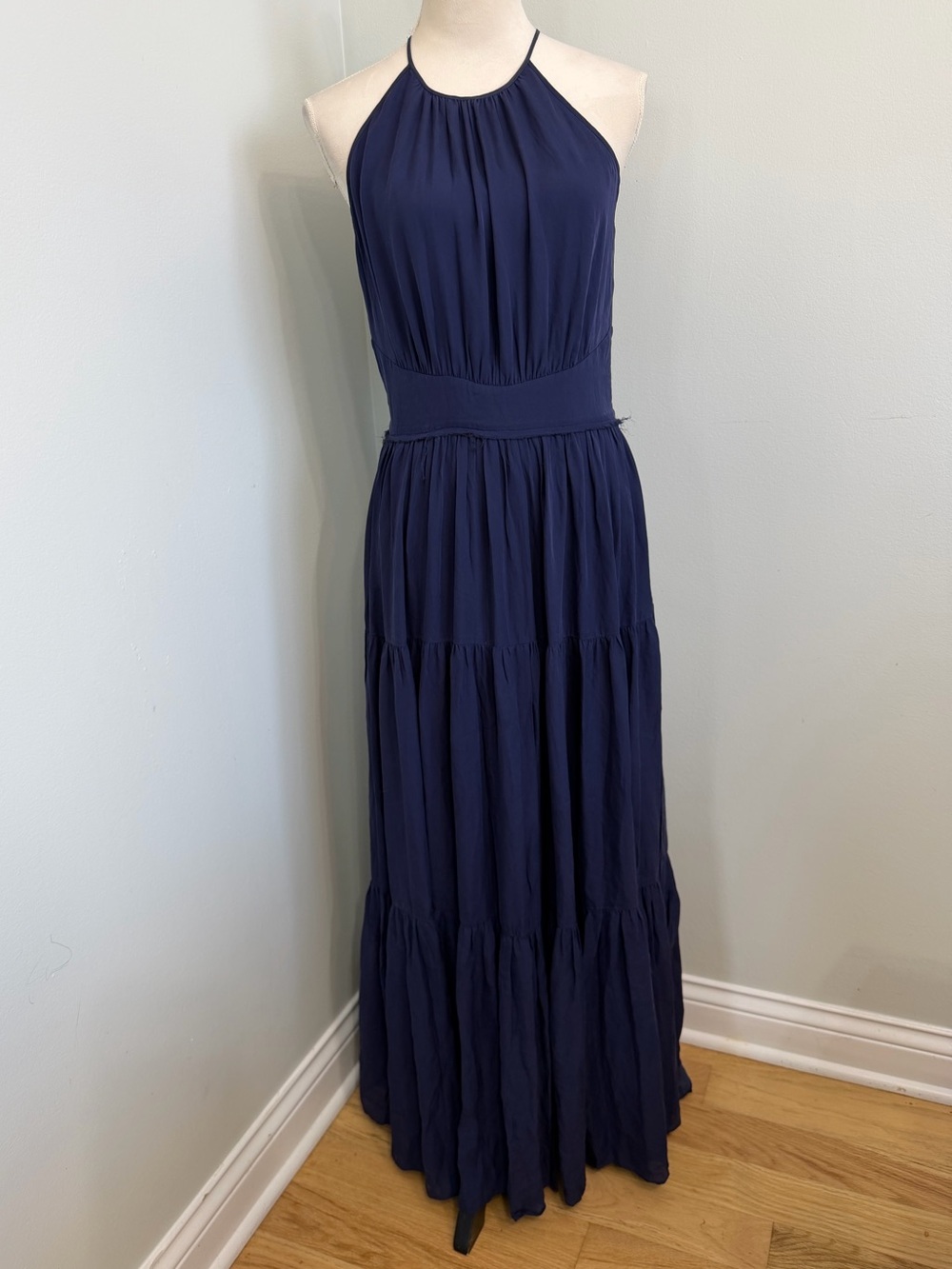 L'AGENCE Silk Navy Halter Tiered Maxi Dress